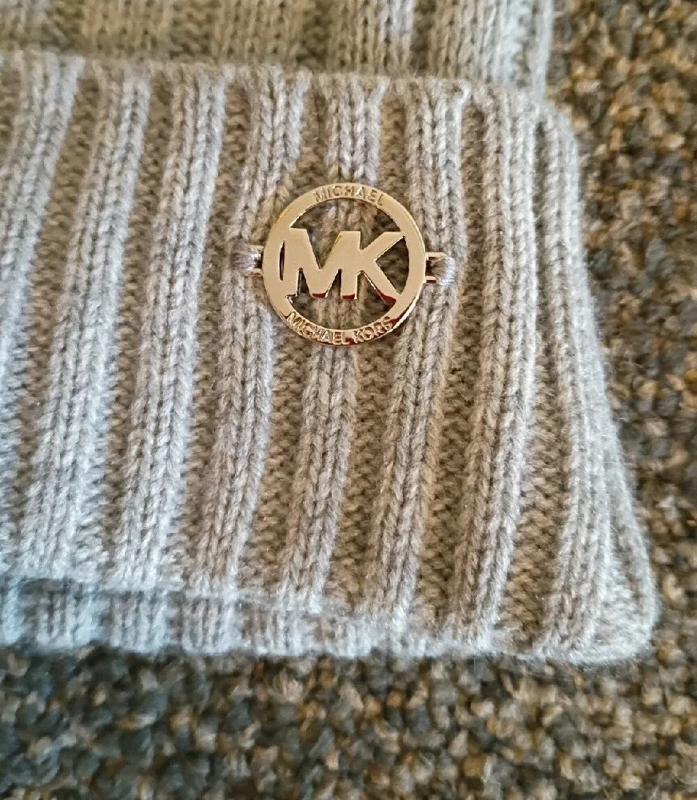 Michael Kors Women's  Ribbed Pom Pom Beanie in Light Gray
